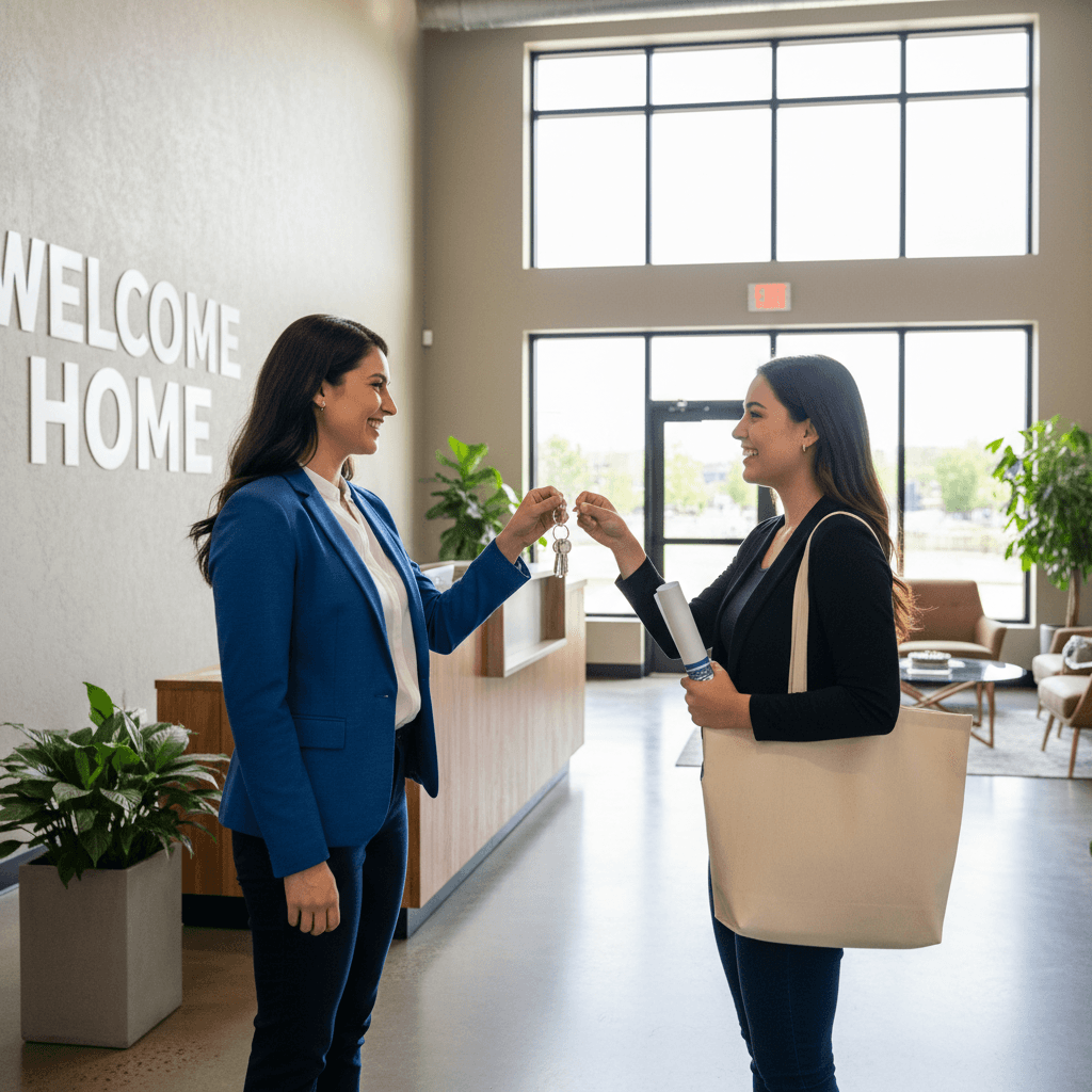 Leasing agent handing keys to a new resident