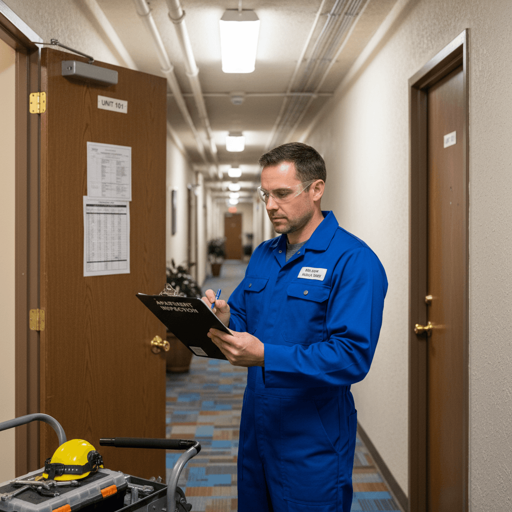 Maintenance technician inspecting an apartment hallway